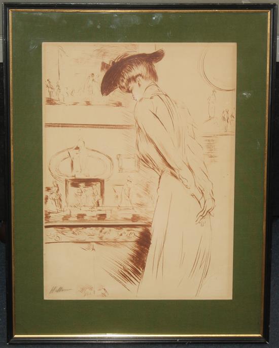 Paul Cesar Helleu (French, 1859-1927) Woman standing before a mantel piece, 15.25 x 11.25in.